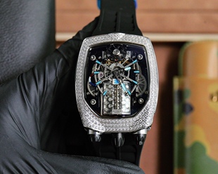 16缸发动机酒桶形手表男奢华休闲镂空满钻布加迪威龙全自动机械表