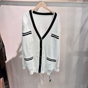 针织开衫女中长款撞色V领2025冬新款宽松毛衣白色1311