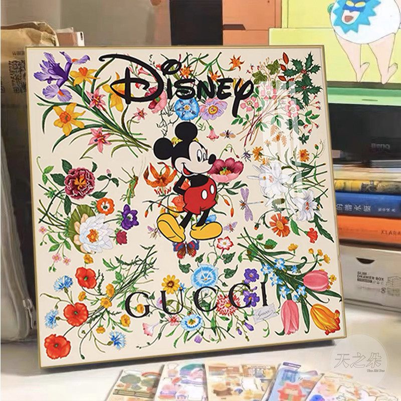 轻奢钻石画满钻迪士尼米奇复古花纹十字绣2025新款水钻带框卡通5d