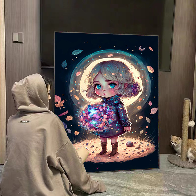 治愈系小女孩钻石画满钻2023新款十字绣水钻带框卧室客厅手工贴砖