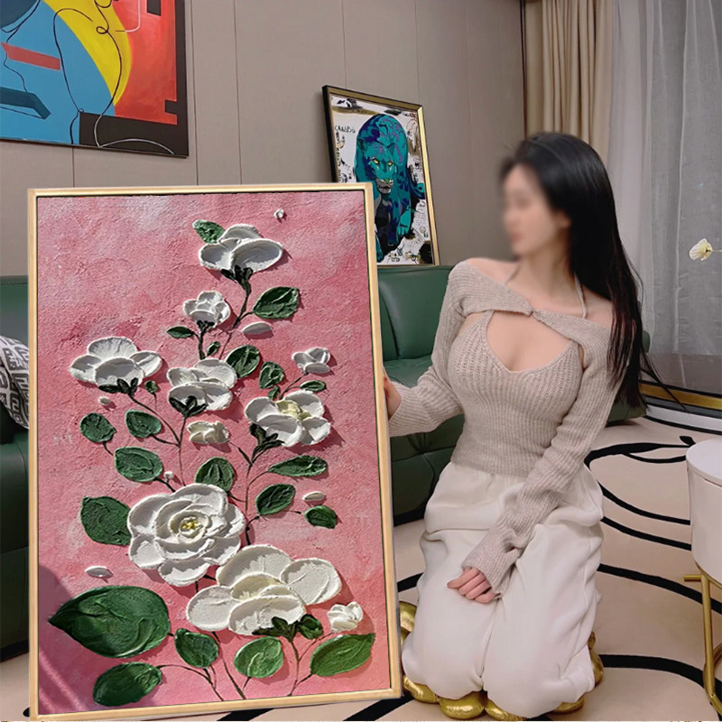 粉底花朵石英砂肌理画diy填充植物花卉高级感填色丙烯油彩装饰画