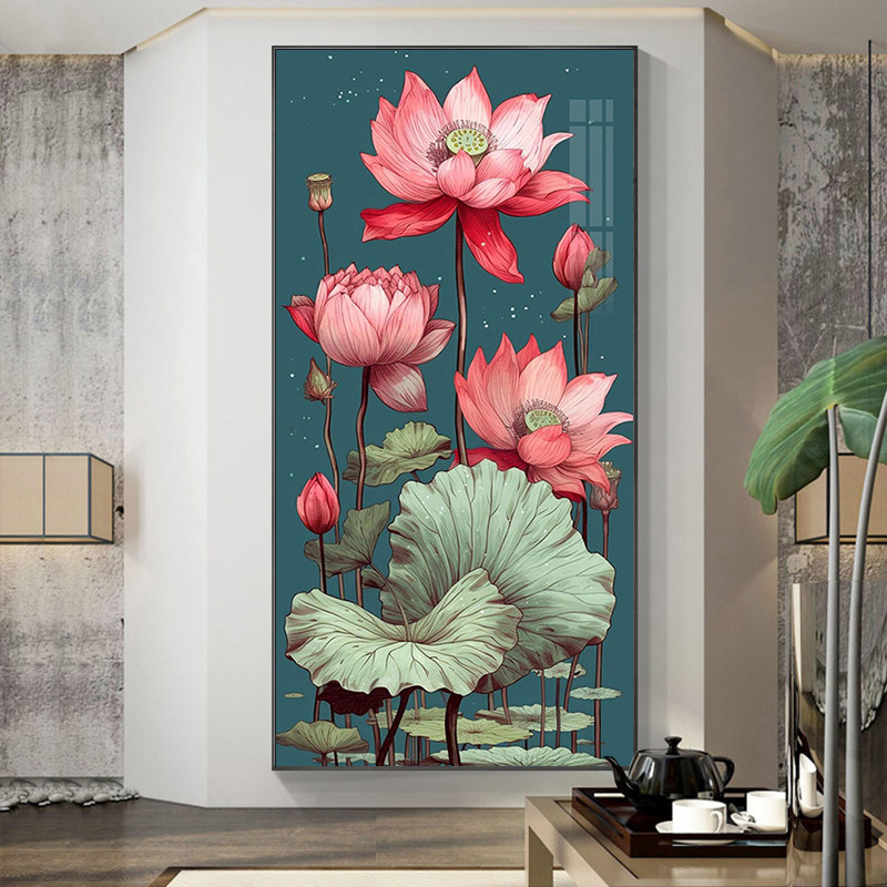 夏日荷花钻石画满钻2025新款客厅玄关竖版装饰画手工点贴十字绣5d