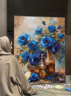 蓝色玫瑰数字油画diy填充手工画艺术花卉成人涂色减压手绘油彩画