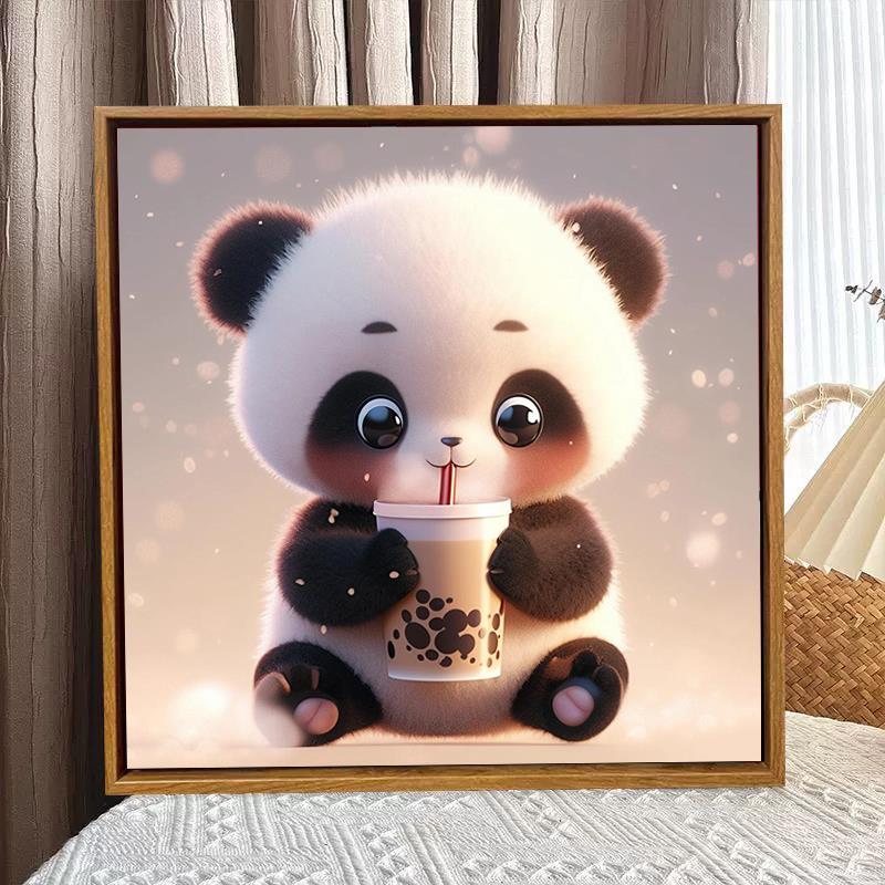 喝奶茶的熊猫0基础diy数字油画填充填色手绘丙烯油彩画画可爱动物