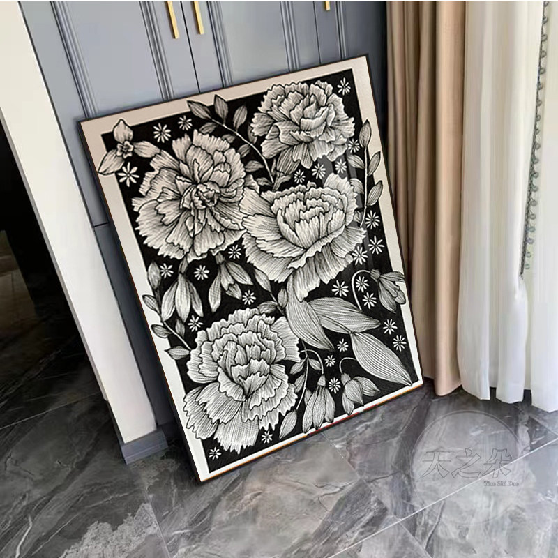 高级感康乃馨黑白装饰画钻石画2024新款植物花卉客厅挂画十字绣5d