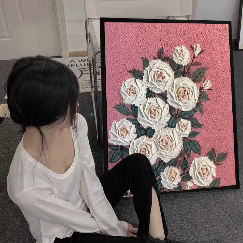 粉底玫瑰石英砂肌理画diy填充植物花卉高级感填色丙烯油彩装饰画
