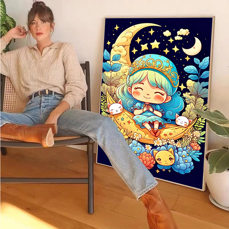 月亮上的小女孩钻石画2023新款满钻带框卧室小件简单手工贴砖水钻