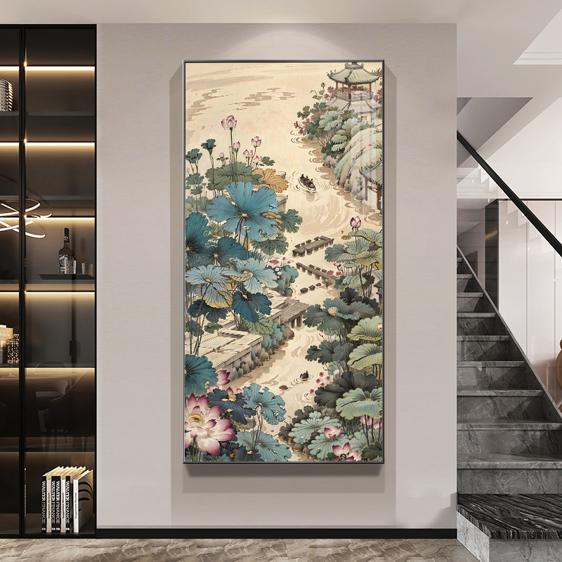 古风荷塘景观钻石装饰画客厅2023新款手工贴钻十字绣带框新中式5d