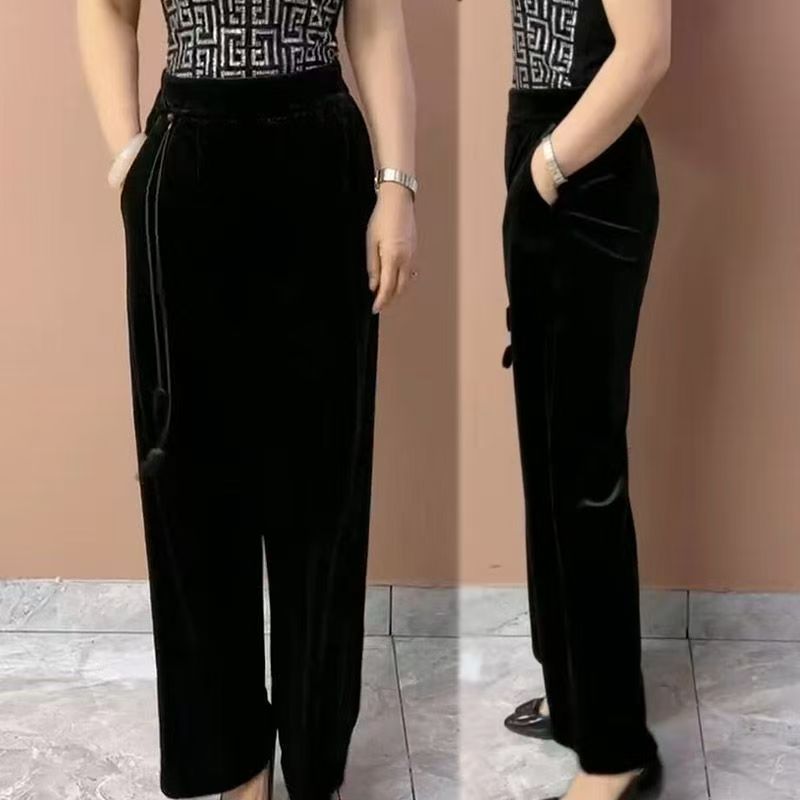 妈妈宽松金丝绒大码裤女新款直筒高腰黑色休闲裤子休闲裤阔腿长裤