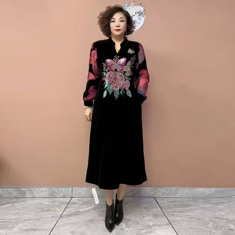 时尚妈妈丝绒连衣裙中老年
