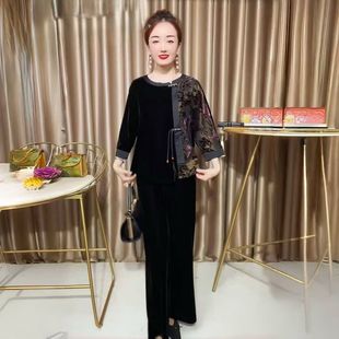 阔太太国风新款提花撞色中老年妈妈上衣秋季新款丝绒洋气大码显瘦