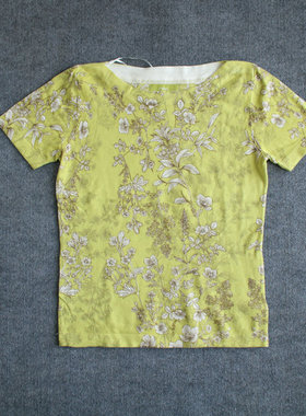 英国单一字领短袖印花针织弹力春秋上衣针织衫黄色花朵