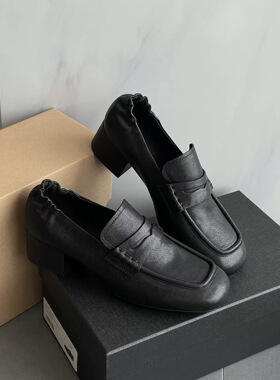 特 清 真皮英伦小众方头复古乐福鞋女百搭浅口一脚蹬舒适粗跟单鞋