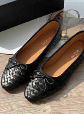 “精致”手工编织真皮蝴蝶结方头单鞋女软底舒适百搭浅口奶奶鞋