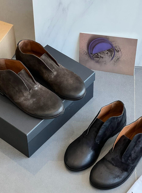 小众秋冬新款慵懒风复古做旧乐福鞋女中性真皮休闲皮鞋套脚中帮鞋