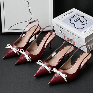 2026新款拼色蝴蝶结红色高跟鞋女婚鞋细跟水龙头一字带包头凉鞋