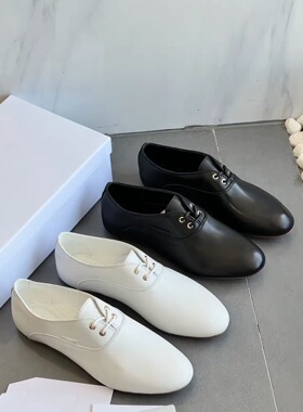 极简风真皮软皮系带平底小白鞋女尖头百搭系带小皮鞋