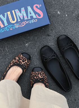 蝴蝶结芭蕾舞鞋一脚蹬浅口豹纹马毛单鞋女舒适柔软拼接方头玛丽珍