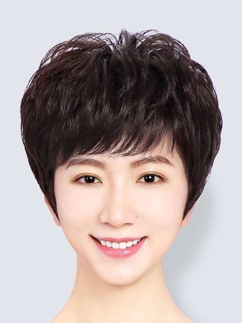 假发真发全真人发适合圆脸头顶盖白头发的头饰中年妇女发套发丝