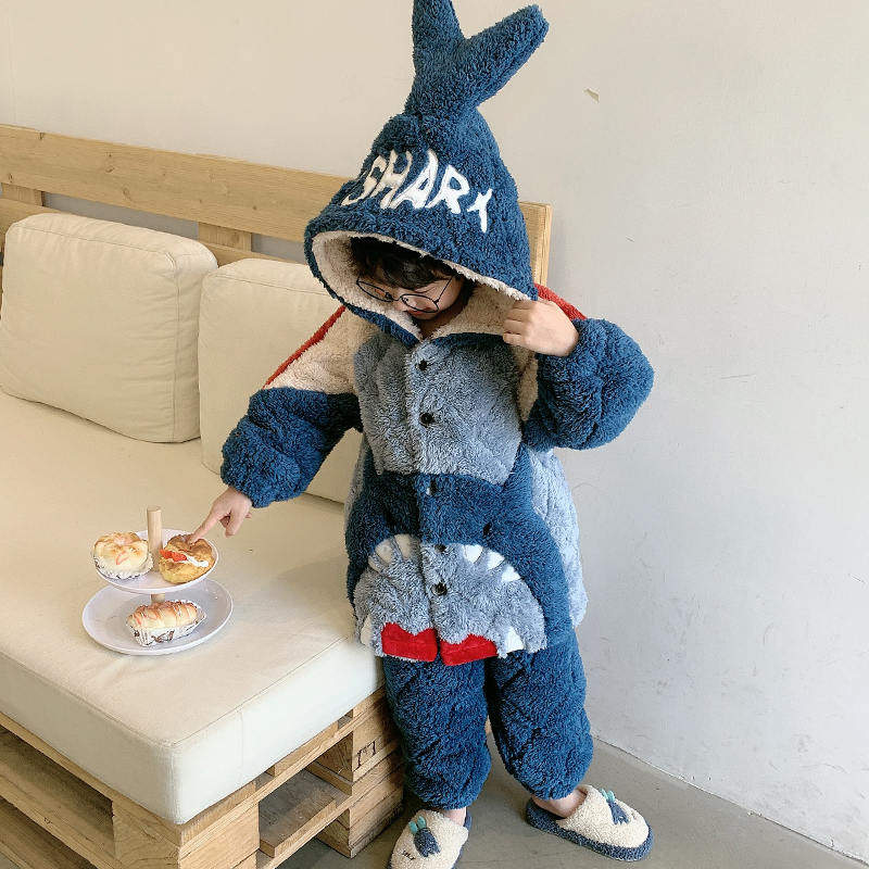 秋鹿官方旗舰店正品儿童睡衣男童男孩冬季三层夹棉加厚款超厚珊瑚