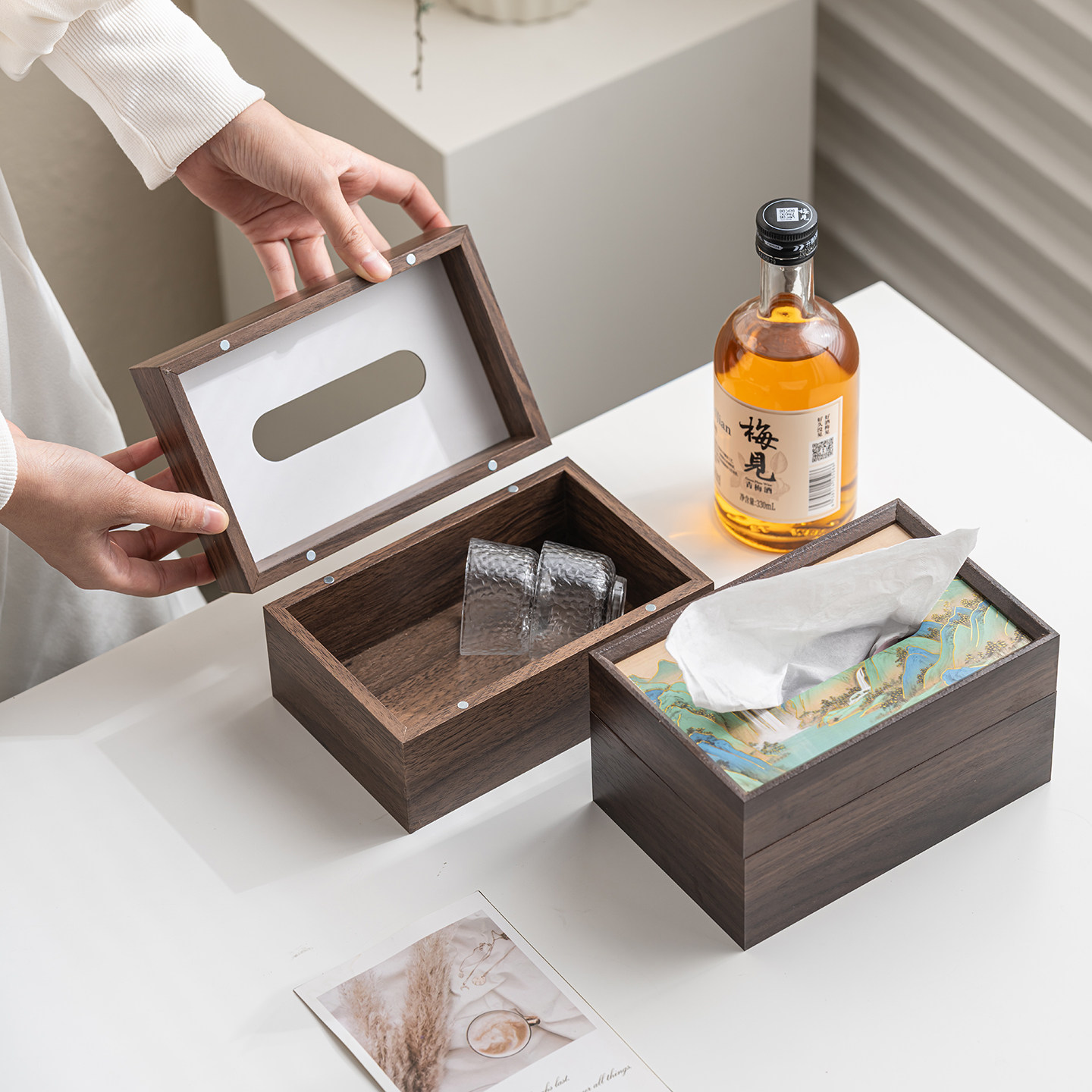 轻奢风纸巾盒客厅仿木纹桌面收纳盒带盖民宿创意定制抽纸盒新中式,收纳整理,纸巾盒,淘宝优惠券,粉丝福利购,淘宝优惠卷