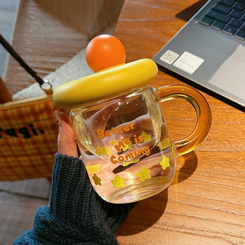 简约玻璃杯学生上学专用高硼硅直饮杯可爱便携女生桌面水杯带手柄