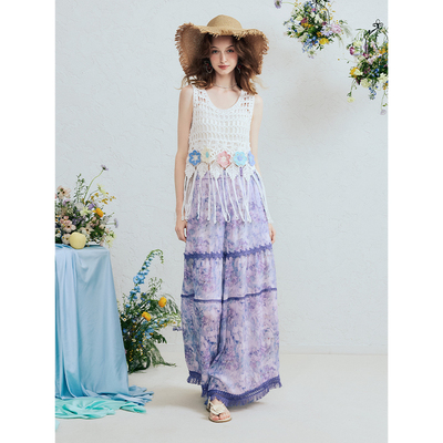 两三事雾眠洄游清新流苏裤脚口印花阔腿休闲裤