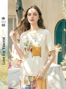 两三事梵高闲庭画叙复古印花绣线装饰短袖t恤