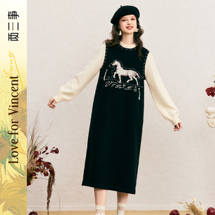 两三事驭梦云端 油画图案假两件连衣裙