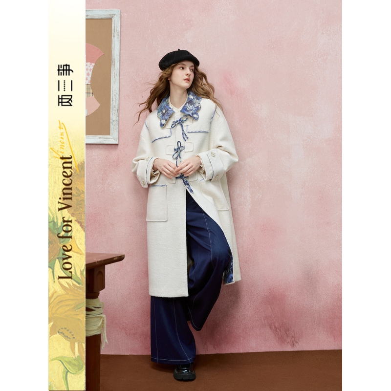 【柒柒Moon直播间】两三事梵高文艺鸢语花意翻领绑带毛呢外套