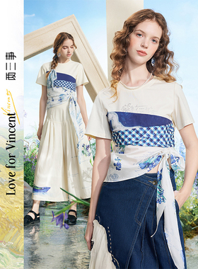 【呼呼严选专享】两三事梵高文艺浮光清影布拼接绑带短袖t恤