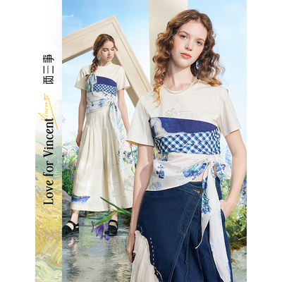 两三事梵高文艺浮光清影布拼接绑带短袖t恤