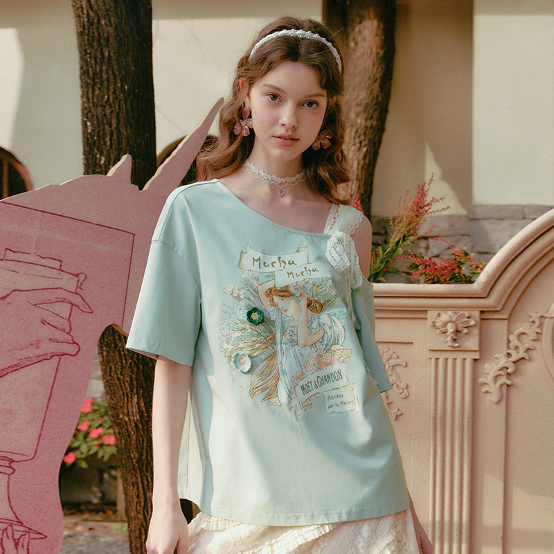 两三事西洋樱草甜美单边绑带露肩印花t恤,女装/女士精品,T恤,淘宝优惠券,粉丝福利购,淘宝优惠卷