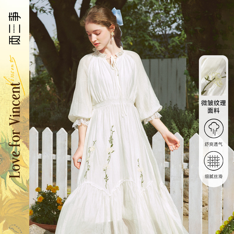 两三事梵高系列迷雾芳影蕾丝拼接灯笼袖连衣裙,女装/女士精品,连衣裙,淘宝优惠券,粉丝福利购,淘宝优惠卷