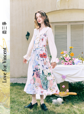 两三事梵高文艺 浪漫花房 荷叶边v领印花绑带连