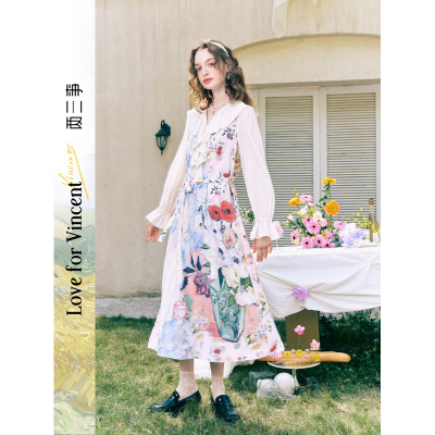 两三事梵高文艺 浪漫花房 荷叶边v领印花绑带连