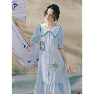 两三事 铃兰晨露 小清新印花贴布绣大翻领绑带连衣裙