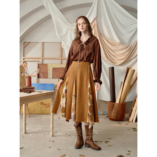 两三事梵高文艺秋风听澜布拼接a字半身裙长裙 爆米花专享