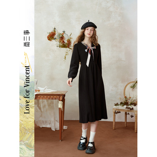 两三事梵高文艺微醺酒会领带a字连衣裙气质长裙