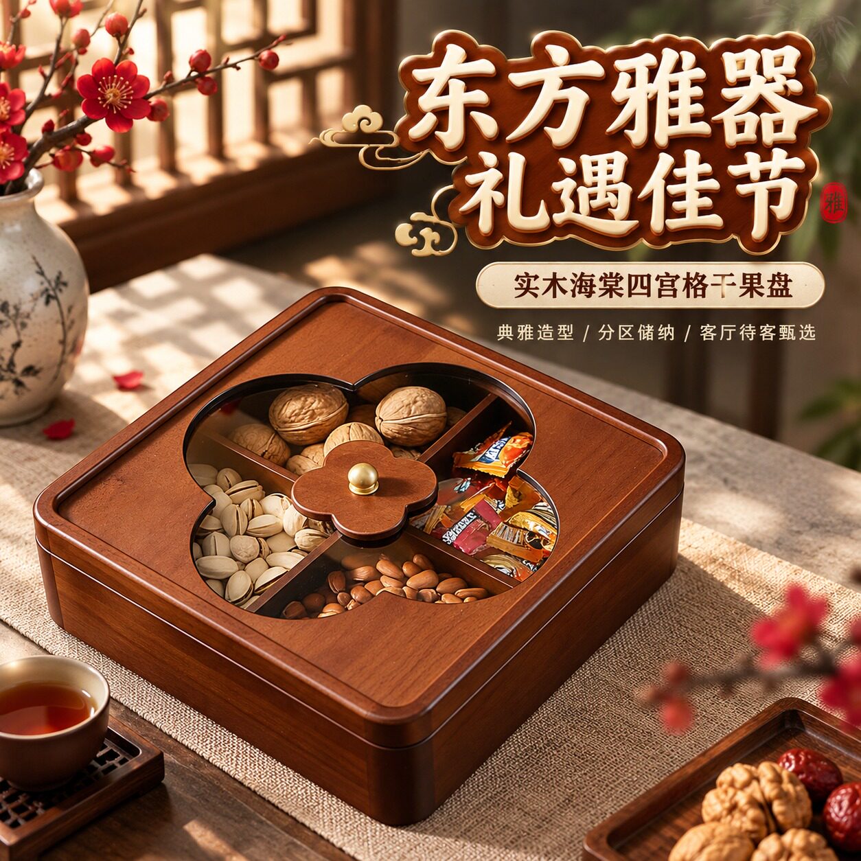 果盘四宫格客厅茶几收纳盒实木干果盘乔迁高颜值中国风干果盘