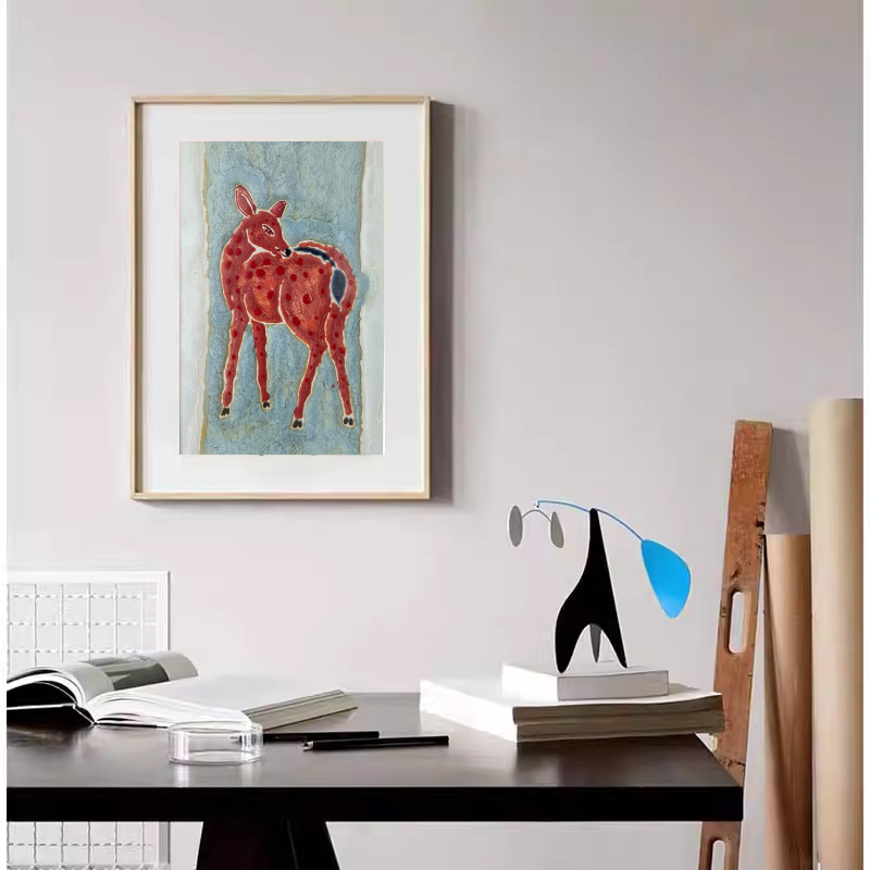 中古风红色小鹿客厅高级感挂画法式复古风动物卧室床头玄关装饰画图片