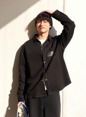 太平鸟男装2025秋季新款男士衬衣黑色长袖衬衫B1CHE1314