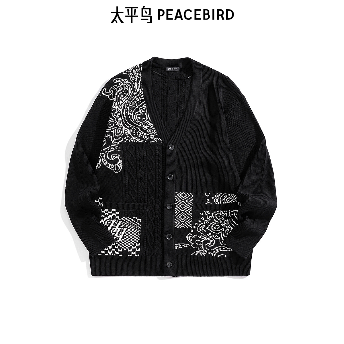 【商场同款】太平鸟男装 休闲毛衣潮流拼接腰果花毛衫 B2EAF1126