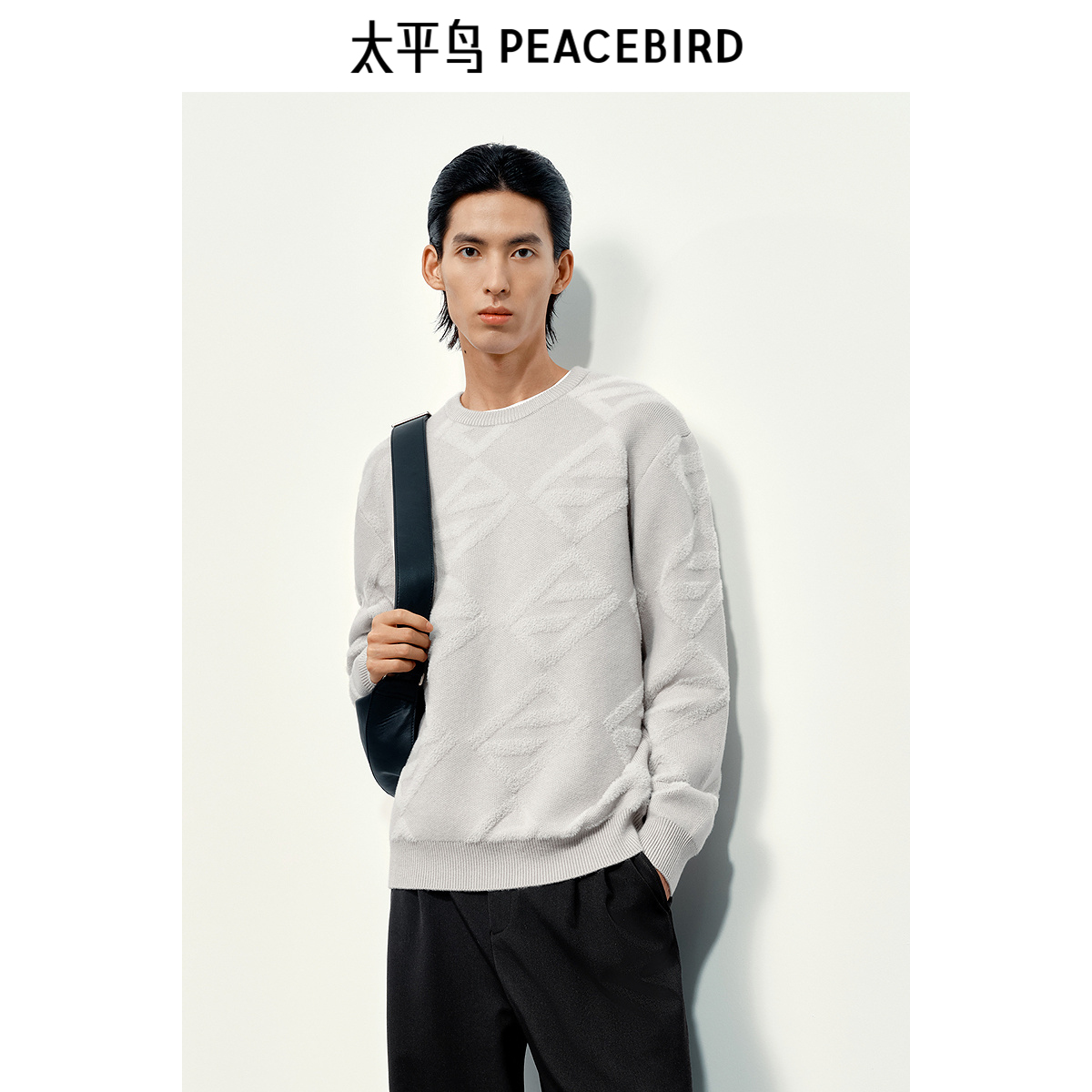 【商场同款】太平鸟男装绒感提花毛衣冬圆领针织衫B1EBE4509