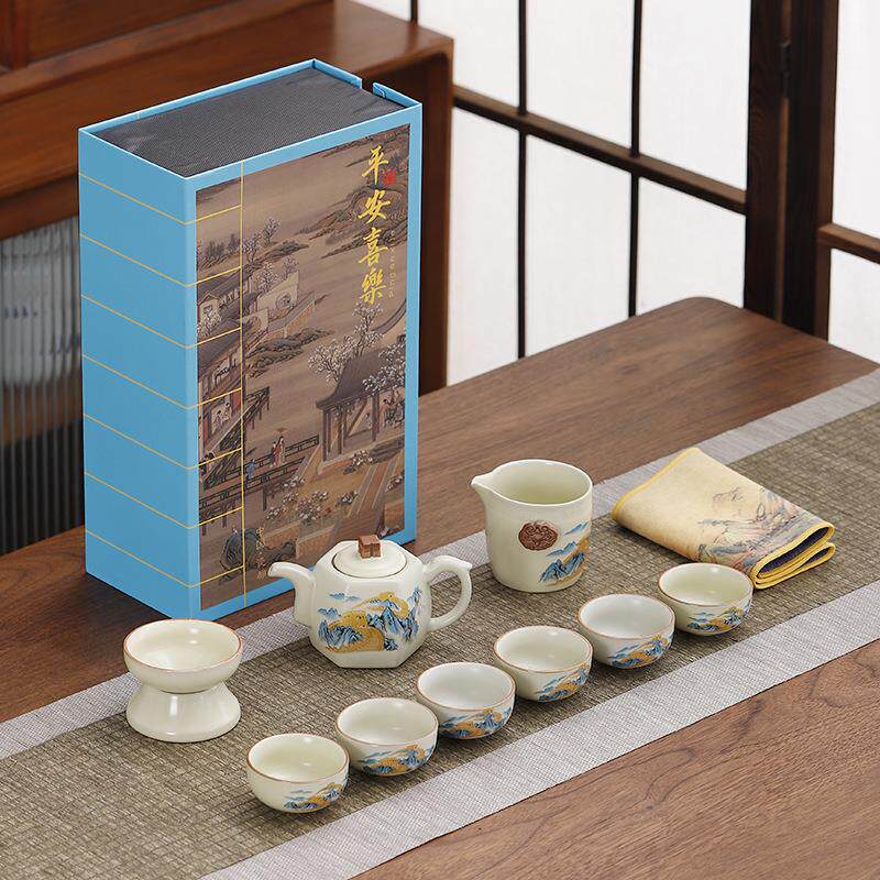 汝窑功夫茶具套装陶瓷泡茶壶冰裂盖碗会客厅家用简约礼品轻奢整套