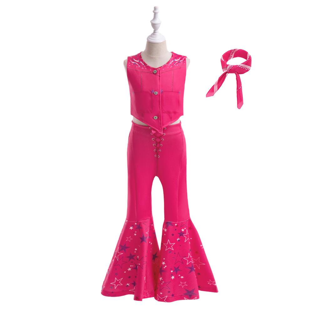 欧美cosplay电影芭比带丝巾三件套 儿童无袖派对礼服印花表演服