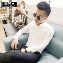 2020新款男长袖衬衫韩版纯色修身青年发型师棉麻纯棉休闲衬衣 白