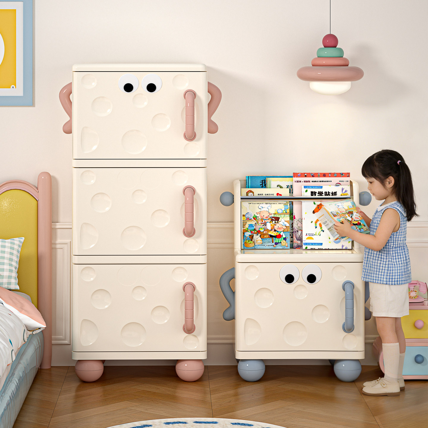 玩具收纳柜家用儿童房创意卡通床头柜卧室储物柜多层带书架置物柜