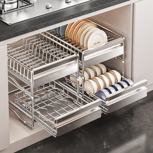 厨房抽拉碗碟收纳架橱柜拉篮内置物架拉篮碗架抽屉式 碗盘子沥水架