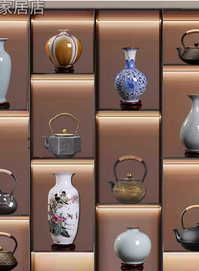 茶室博古架茶柜新中式装饰摆件茶文化氛围布置陶瓷器花瓶铁壶套装